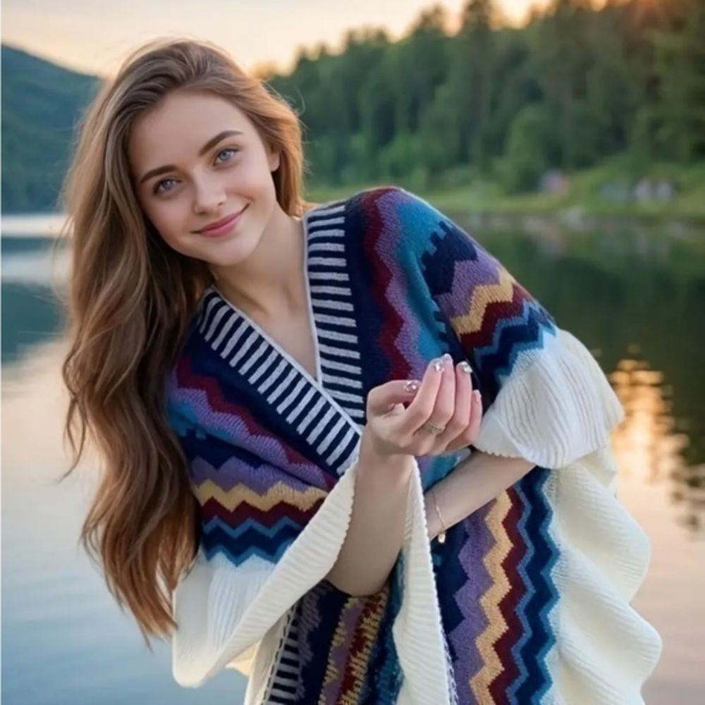 Ethnic Tassel  Poncho Print Tassel Knit Cardigan, Boho Color Block Sweater